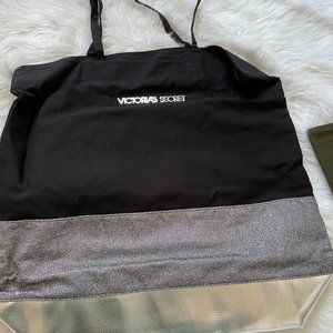 Victoria's Secret tote black with silver sparkle stripe and silver bottom